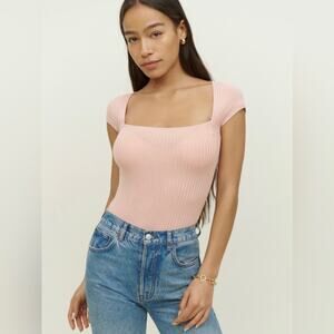 Reformation Bardot Knit Top Size Small Blush Pink Cap Sleeves Square Neck Soft